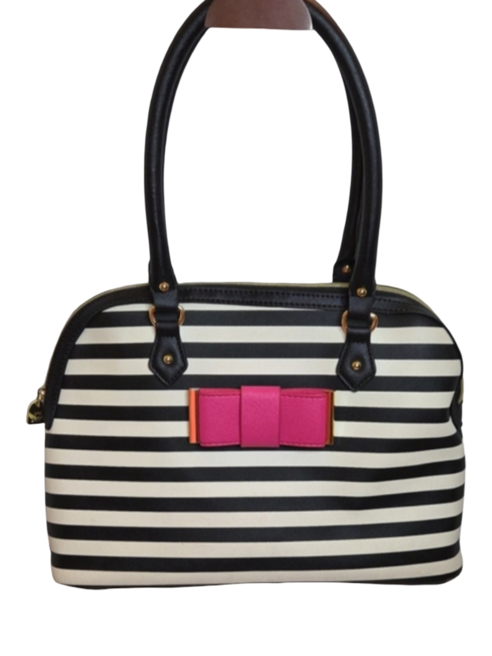 Betsey Johnson Striped Black  White Pink Bow Accent Satchel Handbag Purse Bag